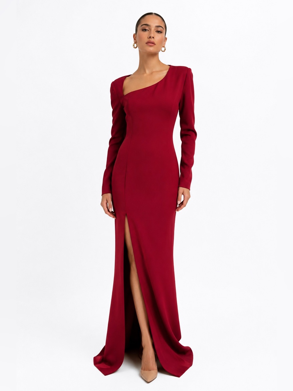 Black Halo Red Long-Sleeve Asymmetric Neck Gown with Front Slit